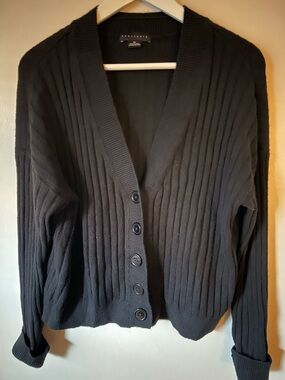 Ribbed Black Button-Front Women's Cardigan Sweater
